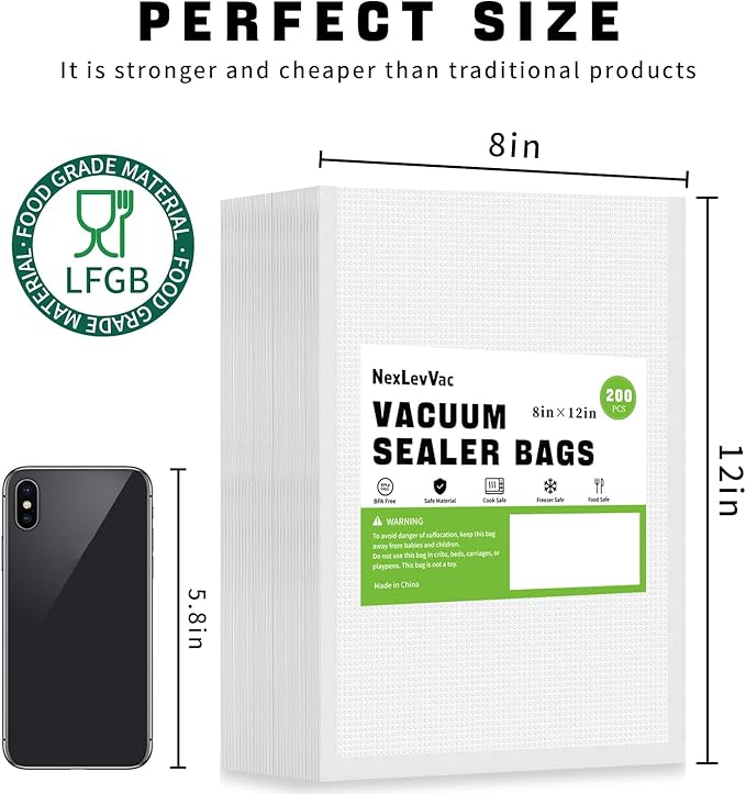 200 Quart Vacuum Sealer Bags - 8x12 Inch, Heavy Duty Commercial Grade for Food Saver, Seal a Meal, Sous Vide, Meal Prep, Freezer Storage