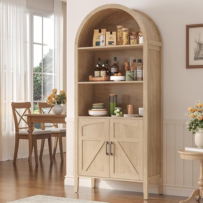 ONBRILL 71" Tall Arched Bookshelf, 5-Tier Arched Bookcase with Door & Storage Cabinet, Farmhouse Display Bookshelf Cabinet with Adjustable Shelf, Freestanding Wood Bookcase for Home Office, Study