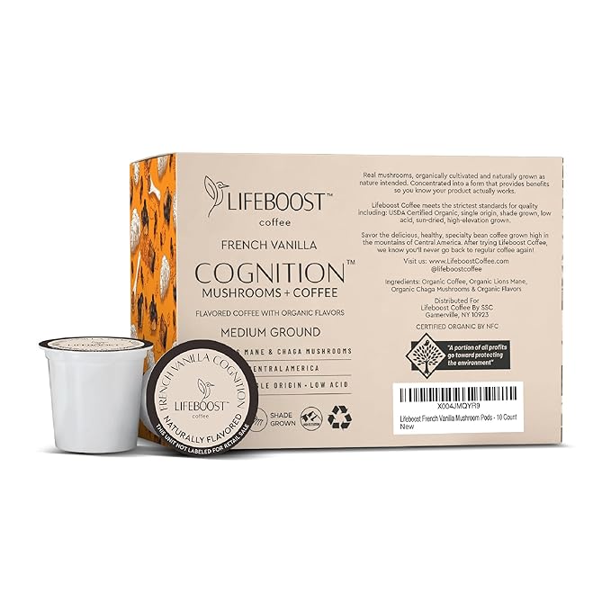 Lifeboost French Vanilla Cognition Mushroom Coffee Pods - Low Acid Organic K-Cups with Lion?셲 Mane & Chaga Nootropic Mushrooms for Focus, Energy & Immune Support - 10 Count