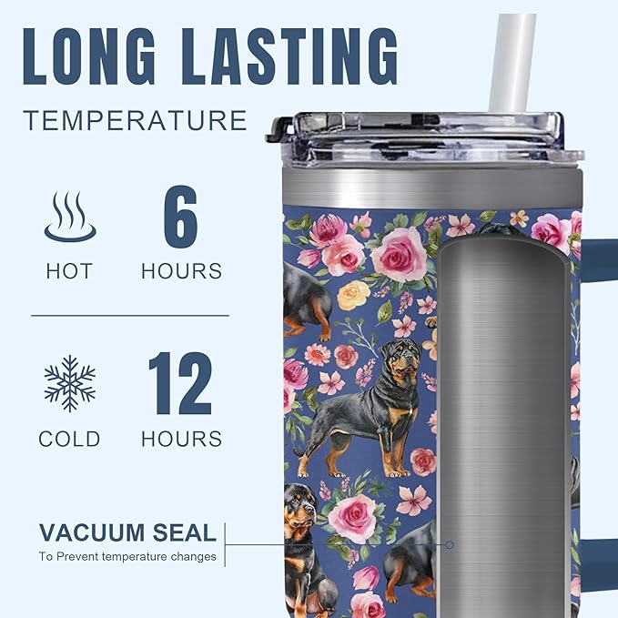 Yogusut Rottweiler Gifts for Women, 40oz Stainless Steel Insulated Tumbler Travel Mug Cup with Handle Straw, Gifts for Dog Mom Dog Lover