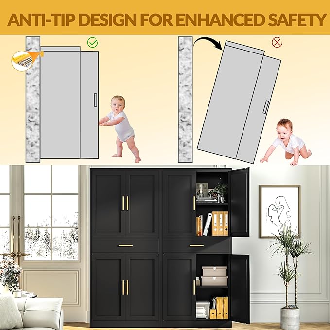 Kitchen Pantry Cabinet,71??Metal Tall Pantry Storage Cabinet with Doors 2 Adjustable Shelves and a Drawer,Kitchen Storage Cabinets Black Freestanding Food Cabinet for Pantries, Kitchen, Dining Room