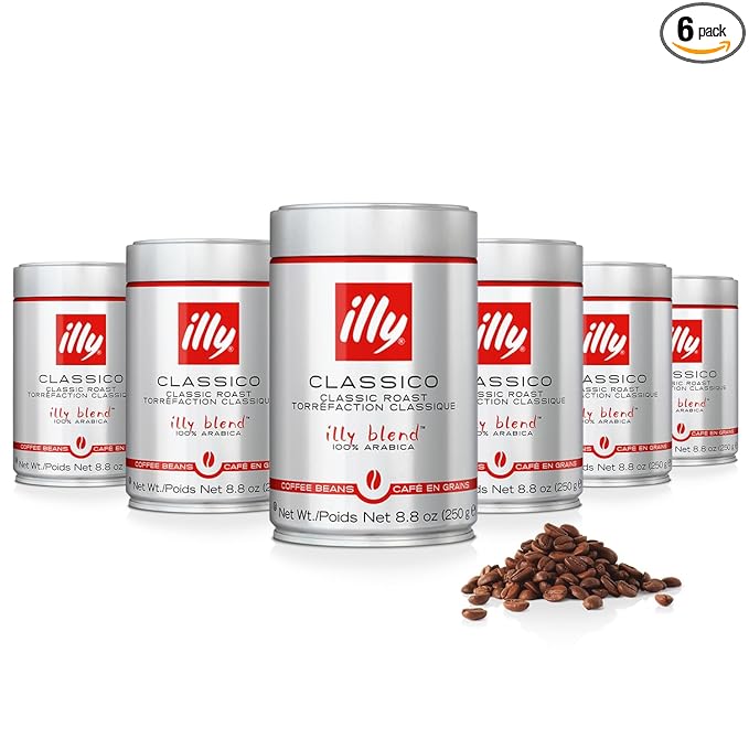 illy Whole Bean Coffee, Classico Medium Roast, 100% Arabica, Premium Italian Coffee, Ideal for Espresso, Drip, Moka and French Press Brewing, 8.8oz, 6 Pack