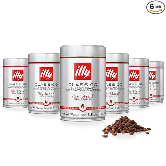 illy Whole Bean Coffee, Classico Medium Roast, 100% Arabica, Premium Italian Coffee, Ideal for Espresso, Drip, Moka and French Press Brewing, 8.8oz, 6 Pack