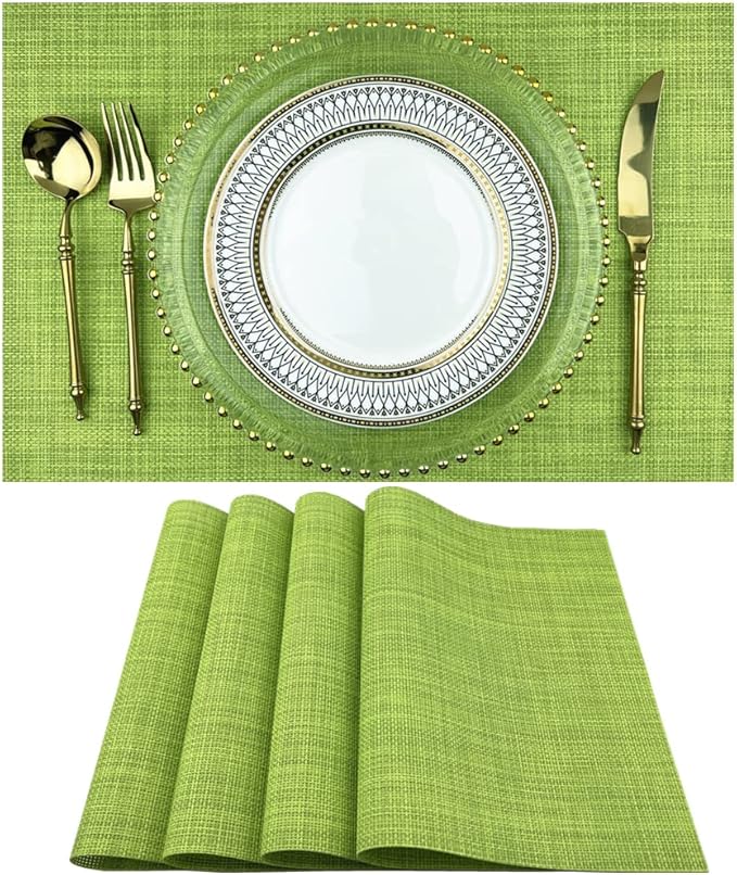 WAZAIGUR Placemats,Easy to Clean Crisscross Woven Vinyl Place Mats Durable Non-Slip Heat Resistant Table Mats,Placemats for Kitchen Table (Green, 4)