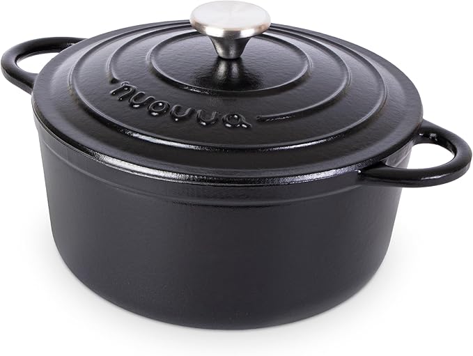 Cast Iron Pot with Lid ??Non-Stick Ovenproof Enamelled Casserole Pot, Oven Safe up to 500째 F ??Sturdy Dutch Oven Cookware ??Black, 5-Quart, 24cm ??by Nuovva