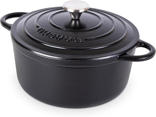 Cast Iron Pot with Lid ??Non-Stick Ovenproof Enamelled Casserole Pot, Oven Safe up to 500째 F ??Sturdy Dutch Oven Cookware ??Black, 5-Quart, 24cm ??by Nuovva