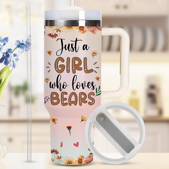AGGLOMEKC Personalized Cute Bear Cup - Mother's Day Birthday Gift For Animal Lovers - Just A Girl Who Loves Bear Tumbler 40oz With Custom Name - Pet Lover Gifts For Women, Her