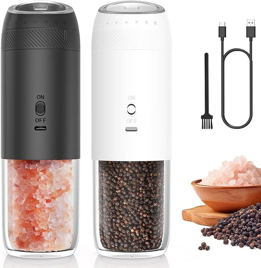 Rechargeable Electric Salt and Pepper Grinder Set, Gravity Automatic Salt and Pepper Shakers with LED Light, Type C Charging, Adjustable Coarseness, Large Capacity Mills Set (Black & White)