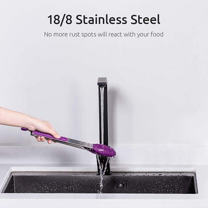 U-Taste Kitchen Tongs, 7/9/12 inches Cooking Tongs, with 600쨘F High Heat-Resistant Non-Stick Silicone Tips, 18/8 Stainless Steel Handle, for Food Grill, Salad, BBQ, Frying, Serving, Pack of 3(Purple)
