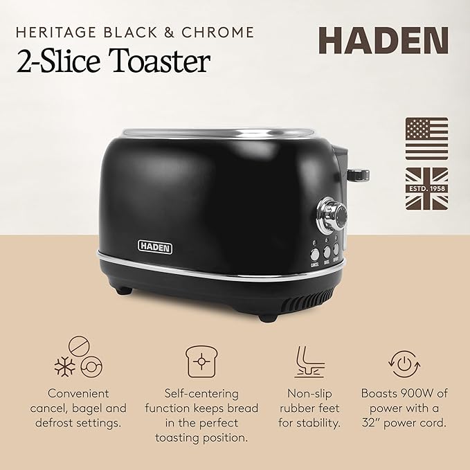 Haden Heritage 2 Slice Wide Slot Stainless Steel Toaster with Adjustable Browning Control & Non-Slip Feet, Black & Chrome