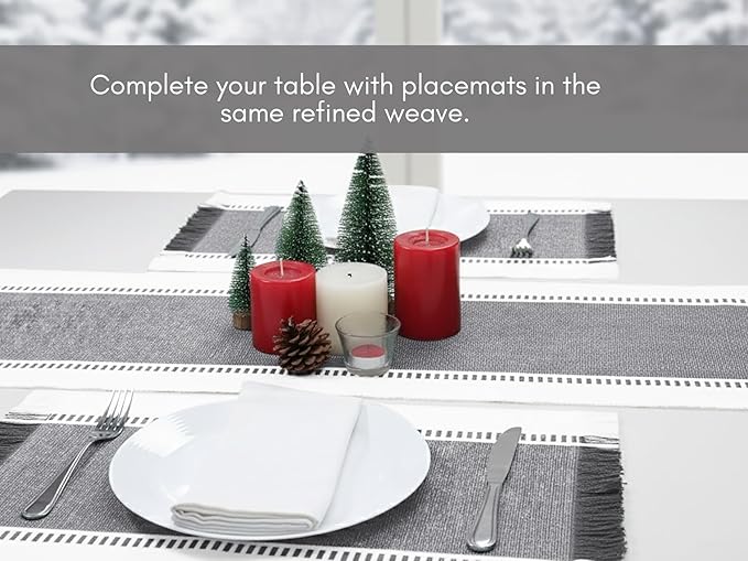 PurpleEssences Table Runner - Wide with Dobby Stripe, Heavy Ribbed Weave & Double Knot Fringes, 14x72 Inch (14x77.5 with Fringes) Farmhouse Decor -Christmas Holiday Winter - Mineral Gray and H.White