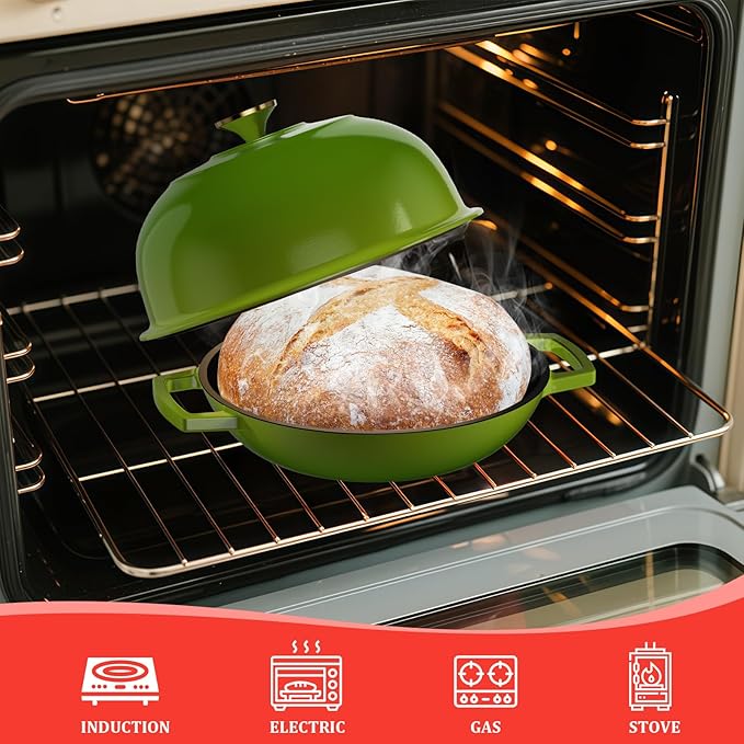 Cast Iron Bread Baking Dutch Oven - Enameled Cast Iron Oven Pot with Dome Lid,5QT Bread Baker for Perfect Crust,Oven Safe to 500째F,Sage Green