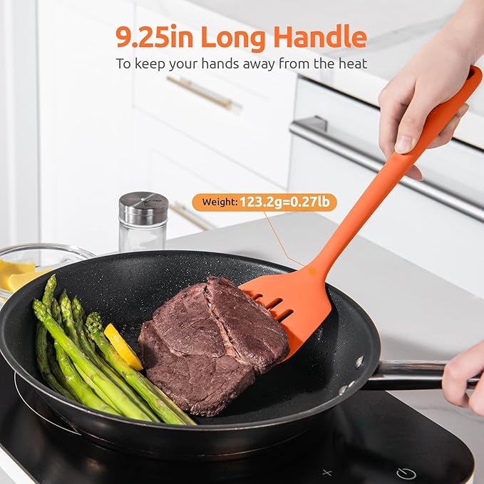 600쨘F Heat Resistant Slotted Turner: U-Taste 13.6in Silicone Kitchen Spatula Flipper, 3.74in Wide Food Grade Flexible Thin Rubber Cooking Utensil for Egg, Pancake, Cookie in Nonstick Cookware (Orange)