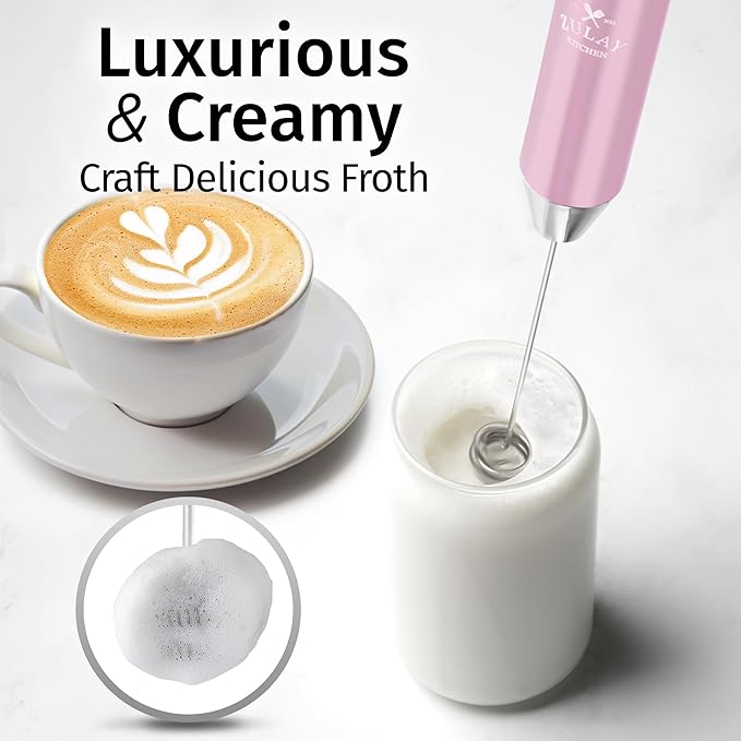 Zulay Kitchen Lux Electric Milk Frother Rechargeable Handheld - Powerful 2-Speed Motor, Waterproof, 2000mAh Battery - Drink Mixer for Latte, Cappuccino, Matcha & Protein Powder - Pink Bubblegum