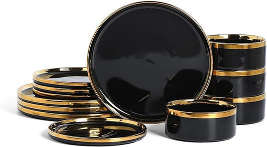 Christian Siriano Solene Stoneware Dinnerware, 12-Piece Plates and Bowls Set, Dish Set for 4, Black with Gold Rim, Glossy Finish, Hand Wash Only