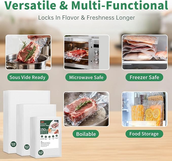 Aotto Vacuum Sealer Bags for Food - 150 Count Gallon 11" x 16" and Quart 8" x 12" and Pint 6" x 10 Commercial Grade BPA Free Vacuum Seal Bags for Food Storage, Meal Prep and Sous Vide