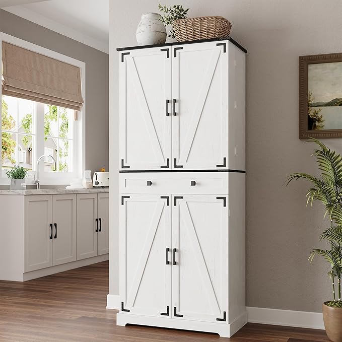 ELYKEN 72" Pantry Cabinet with Door Shelving & Sliding Shelves, Farmhouse Tall Kitchen Storage Cabinet with Door & Drawer for Dining Room, Living Room