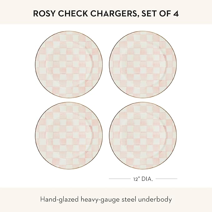 MACKENZIE-CHILDS Enamel Charger Plate, Charger Decoration for Dinner Plates or Home Decor, 12 Inches, Pink-and-White Rosy Check, Set of 4