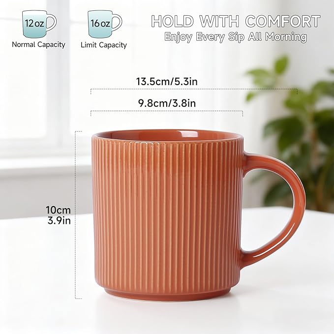 MONITO 16Oz Coffee Mugs Set of 6, Rustic Ceramic Coffee Cups Set with Large Handle, Vintage Striped Stoneware Coffee Mugs for Latte, Cocoa, Tea, Milk, Microwave & Dishwasher Safe, BRICK RED