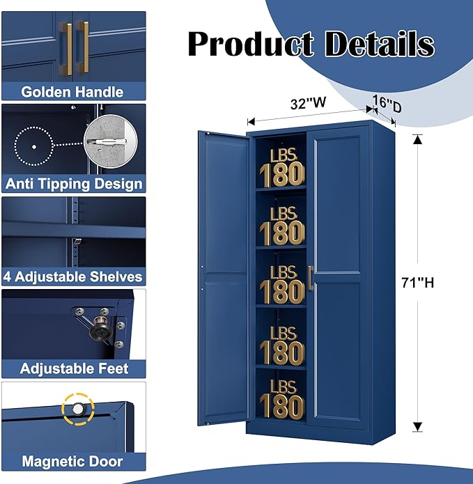 Kitchen Pantry Cabinet,71?쒫lue Metal Pantry Storage Cabinets with Doors and 4 Adjustable Shelves,Kitchen Cabinet with 2 Gold Handles,Tall Cabinet for Livingroom,