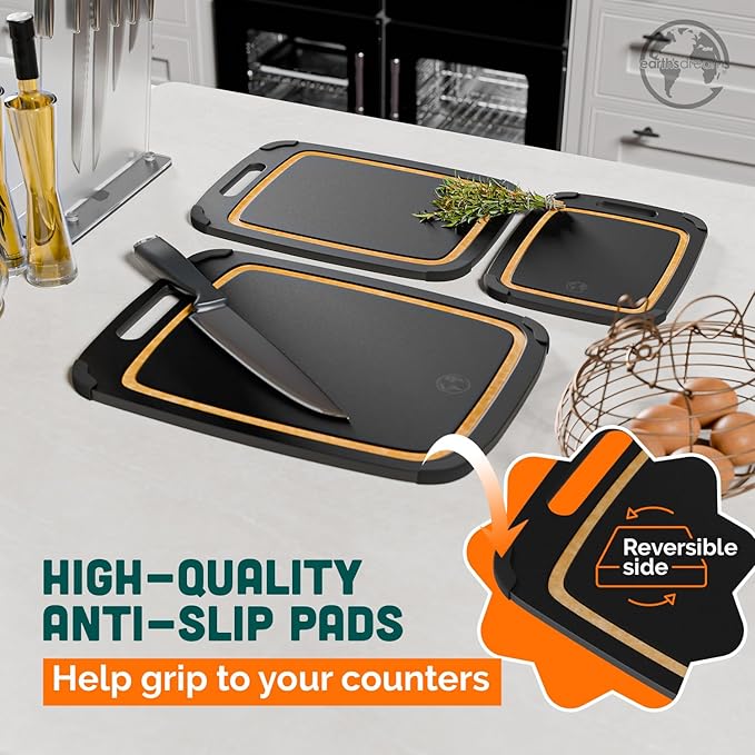 Earth?셲 Dreams Wood Cutting Board Set 3-Piece: Small, Large & Extra Large - Charcuterie Board, Non-Plastic, Non-Toxic, Heavy-Duty, Dishwasher Safe (Black/Tan)