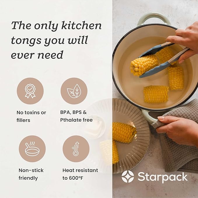 Starpack 'Get a Grip' Silicone Kitchen Tongs for Cooking 9 Inch - BBQ Silicone Tongs for Grill Heat Resistant to 600째F - Stainless Steel Utensils with Non Stick Rubber Tips for Serving Food