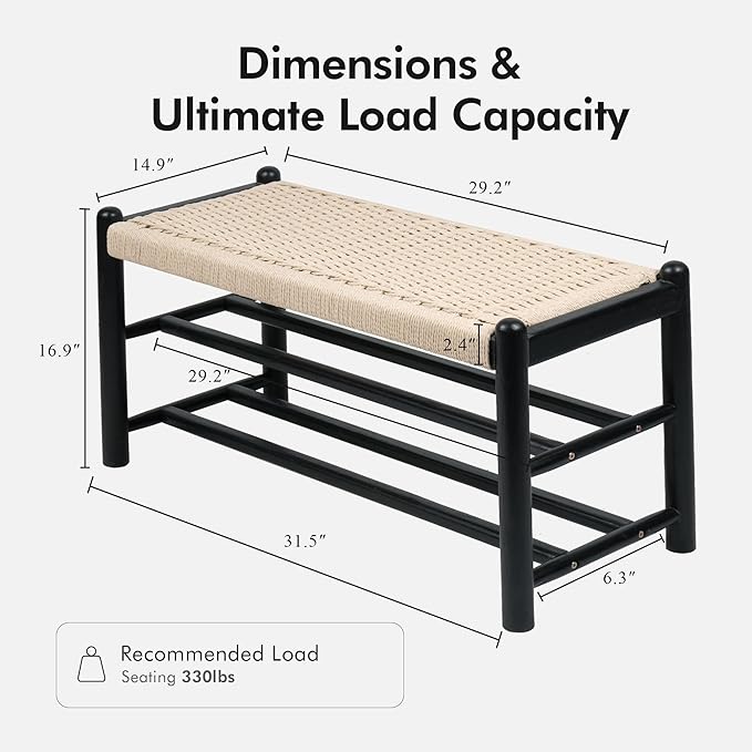 XINNAN Solid Wood Entryway Bench with Shoe Storage, Rustic Oak Wood and Woven Design 31.5 Inch Long Seating for Living and Dining Rooms, 3-Tier Black
