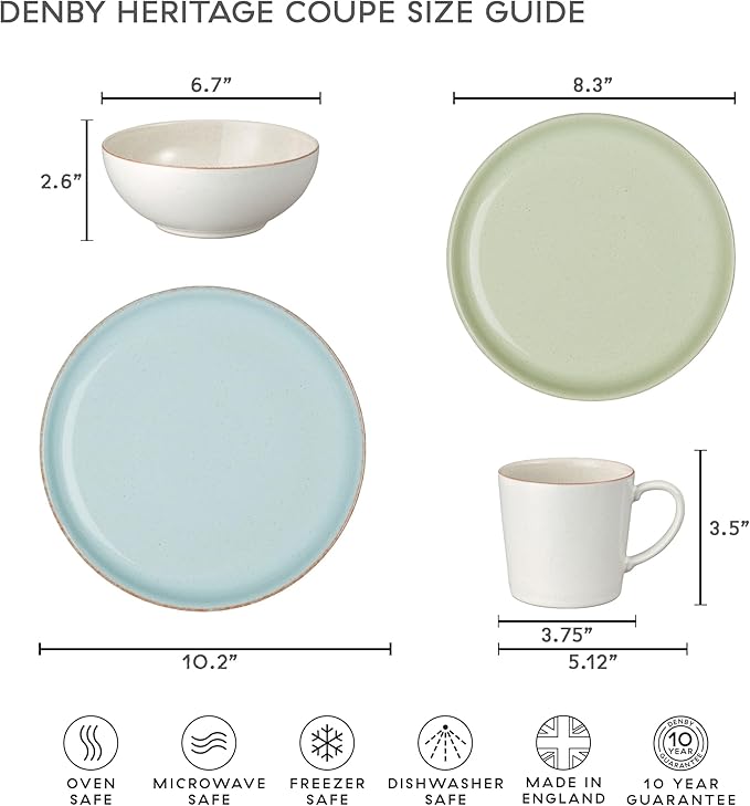 Denby - Heritage Pavillion Coupe 4 Piece Dinner Set For 1 - Blue Ceramic Stoneware Tableware - Dishwasher & Microwave Safe - Scratch Chip Resistant - 1 x Dinnerware Plates, Side Plates & Cereal Bowl