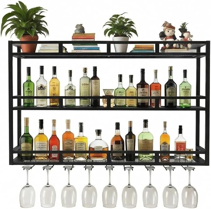 Wall Mounted Wine Racks 3 Tier, Bar Shelves Wall Mounted with Wine Glass Holder, Black Bar Shelves for Liquor Bottles, Wall Bar Cabinet for Home Bar, Kitchen, Dining Room(59 * 9.8 * 35in)