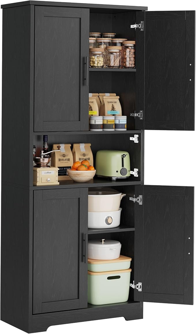 70" Tall White Pantry Cabinet with Doors, Freestanding Storage Cabinet with Adjustable Shelves for Kitchen, Dining Room, Bathroom, Living Room,Black