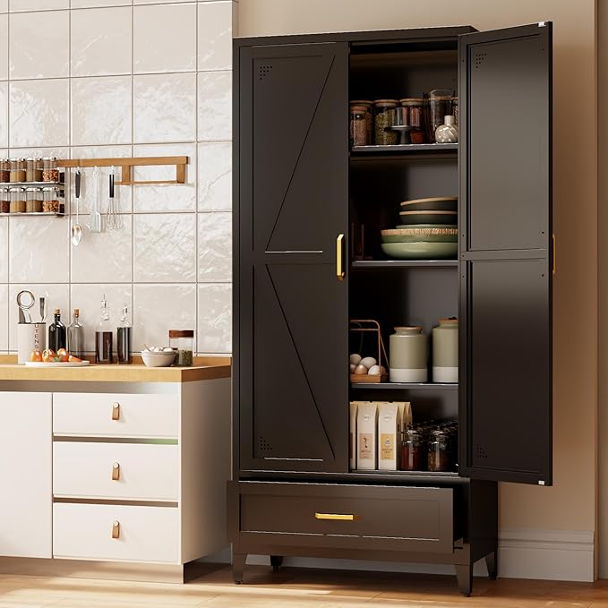 71" Black Kitchen Pantry Cabinet,4-Tier Tall Metal Storage Cabinet with Drawer,Freestanding Display Steel Cupboard for Dining Room,Living Room,Hallway,Bathroom