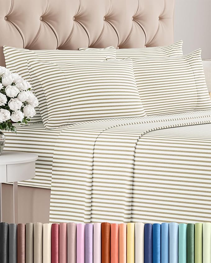 Full 6 Piece Sheet Set - Cooling & Breathable Bed Sheets - Hotel Luxury Bed Sheets for Women, Men, Kids & Teens - Bedding w/Deep Pockets & Easy Fit - Soft & Wrinkle Free - Full Beige Stripes Sheets