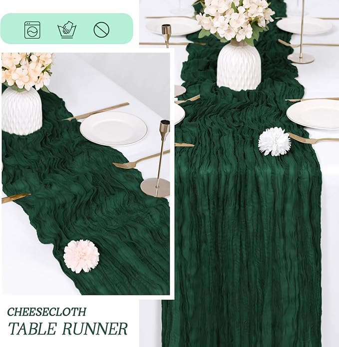 RealBox 3 Pack Emerald Green Cheesecloth Table Runner 17x108 Inch Semi Sheer Boho Gauze Cheese Cloth Fabric Table Runners Table Decor for Wedding Party Baby Shower Birthday Home Decor Garden Farmhouse