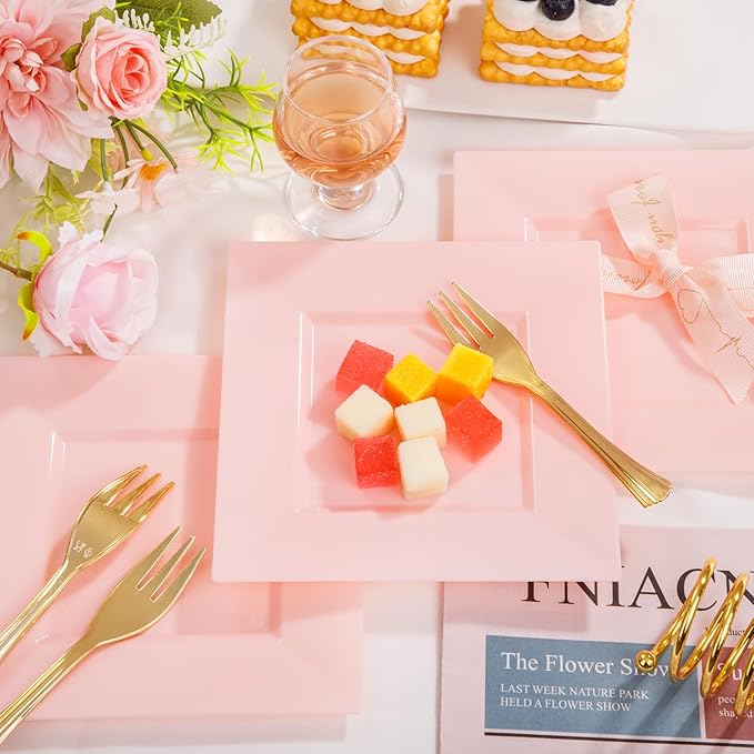 supernal 200pcs Square Pink Dessert Plates with Gold Plastic Forks,Appetizer Pink Plate Disposable with 100 Square Dessert Plates 6" and 100 5" Gold Forks Perfect Valentine Day Birthday Wedding