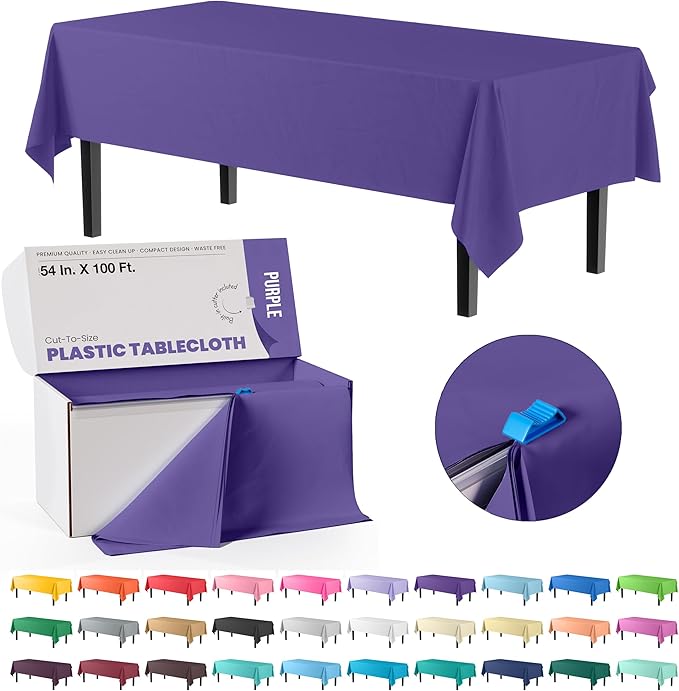 Party Solids 54 Inch X 100 Feet Purple Plastic Table Cover Roll in A Cut - to - Size Box with Convenient Slide Cutter. Cuts Up to 12 Rectangle 8 Feet Plastic Disposable Tablecloths