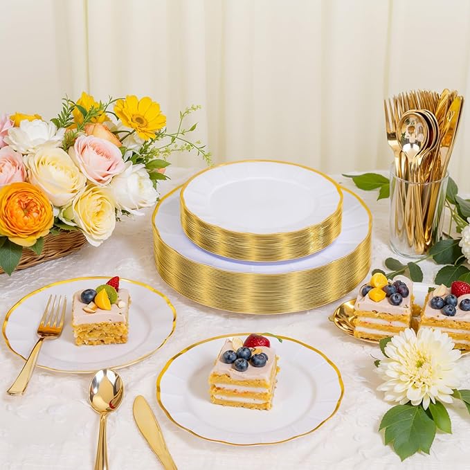 EI 150pcs White Plastic Plates with Gold Plastic Silverware,Disposable Plate Heavy Duty,White Dinnerware Set,Elegant Plates for Party,Wedding,Afternoon Tea,Spring,Valentine's Day