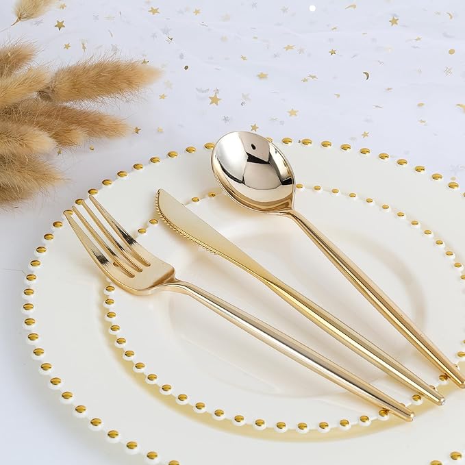 EI 60pcs Beige Plastic Plates with Gold Rim,Ivory Disposable Plates,Heavy Duty Fancy Plastic Plate Elegant for Party,Wedding,Birthday,Spring,Afternoon tea