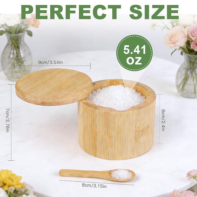 Ninsula Bamboo Salt Cellar, 360째 Magnetic Swivel Lid Salt Container with Built-in Spoon for Storing Table Salt, Pepper, Sugar, Sea Salt, Spices, and Herbs