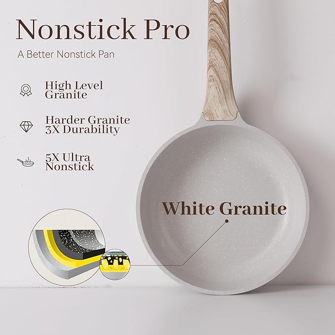 Pots and Pans Set Non Stick, 13Pcs Kitchen Cookware Sets, Granite Stone Induction Cookware Non Stick Cooking Set w/Frying Pans, Saucepans, Saut챕 Pan (PFOA Free), Cream White