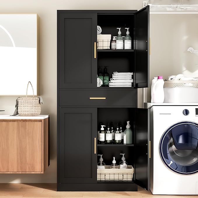 Kitchen Pantry Cabinet,71??Metal Tall Pantry Storage Cabinet with Doors 2 Adjustable Shelves and a Drawer,Kitchen Storage Cabinets Black Freestanding Food Cabinet for Pantries, Kitchen, Dining Room
