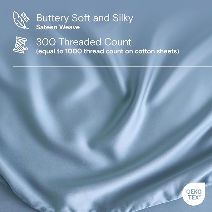 DOZ Sheet Set, 100% Viscose derived from Bamboo, Organically Grown, Buttery Soft, Cooling Sheets, High GSM, Deep Pockets - 3 Piece - 2 Pillowcases 1 Fitted Sheet (Sky, Cal King)