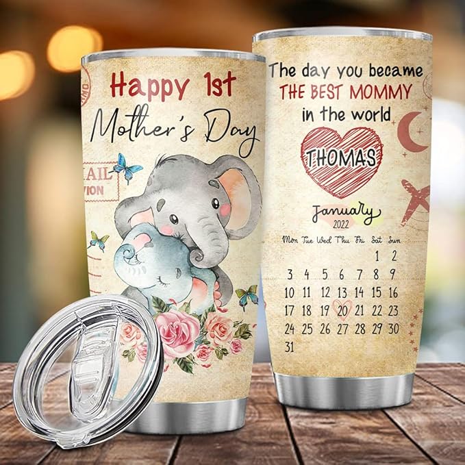 First Mothers Day Gifts For New Mom Daughter From Sister Custom Names, Baby Boy Milestone Birth Date - 1st Mothers Day Coffee Mug - 20oz Double Wall Vacuum Insulated Tumbler With Lid for Woman