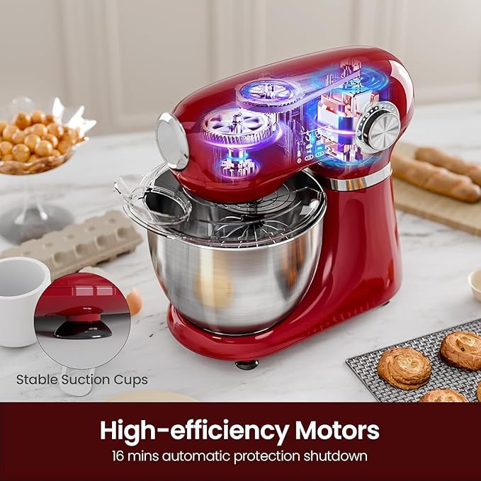 Kismile 5.5QT Tilt-Head Stand Mixer, 12-Speed Electric Kitchen Mixer with 304 Stainless Steel Bowl - Includes Dough Hook, Whisk, Beater for Baking Bread, Cakes, Cookies（Bright Red）