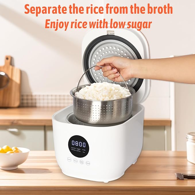 Small Low Carb Rice Cooker 6 Cup, 3L Mini Low Sugar Rice Cooker, with Steamer Basket 5 Cooking Functions Smart Starch Removing 8H Keep Warm for Porridge,Soup,Quick Rice,White Rice(White)