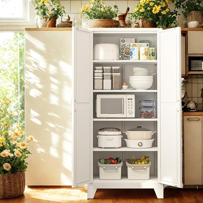 71" H Tall Kitchen Pantry Cabinet,Metal Food Storage Cabinets, White Kitchen Cabinet with Doors and Shelves, Large Freestanding Cabinets with Storage for Dining Room, Living Room