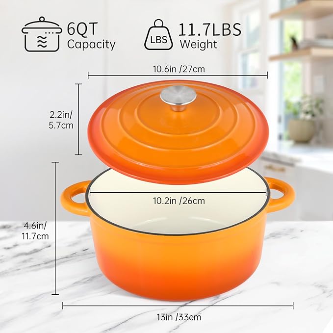 6 Quart Enameled Cast Iron Dutch Oven Pot with Lid, Oven Safe up to 500째F or on Stovetop, Non-stick Dutch Oven for Bread Baking, Cooking, Dual Handles Cookware, Orange