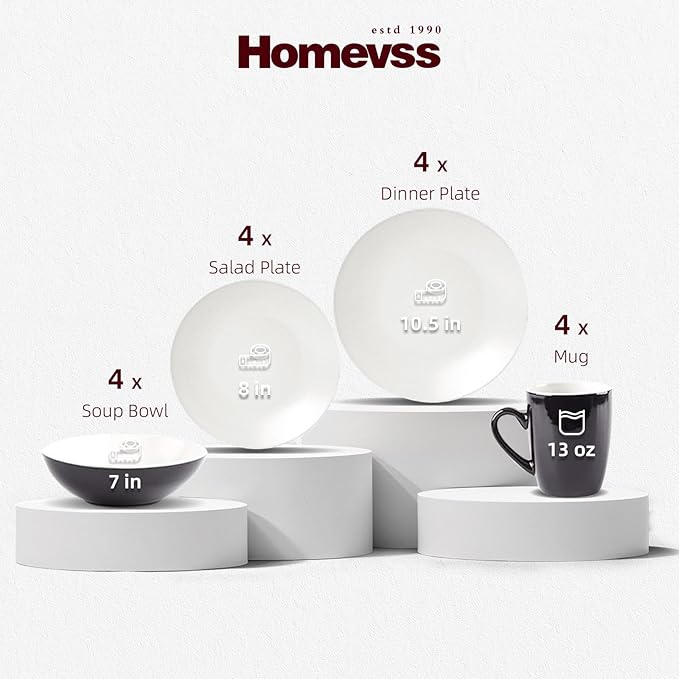 Stoneware Two-Tone Colors Life 16pc Dinner Set竊똎utside Shiny Black + Inside Matte Glaze Off White Cream color