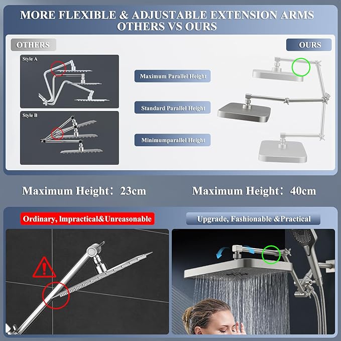 High Pressure Wide Rain Shower Head with Handheld Spray Combo, 14 Inch Rainfall Shower Heads with Adjustable Extention Arm, Dual Waterfall Showerhead with 3-Way Diverter(Brushed Nickel)