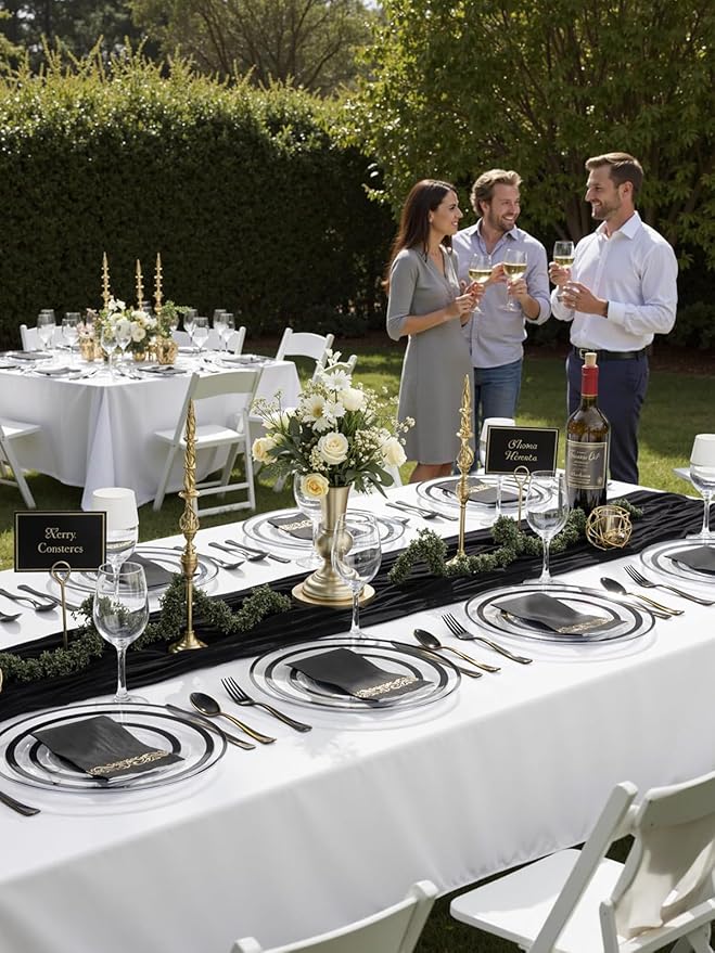 WDF 25 Pack Black Charger Plates - Clear Charges with Black Trim - 12inch Disposable Chargers Plates for New Year/Dinner Party/Wedding/Birthday