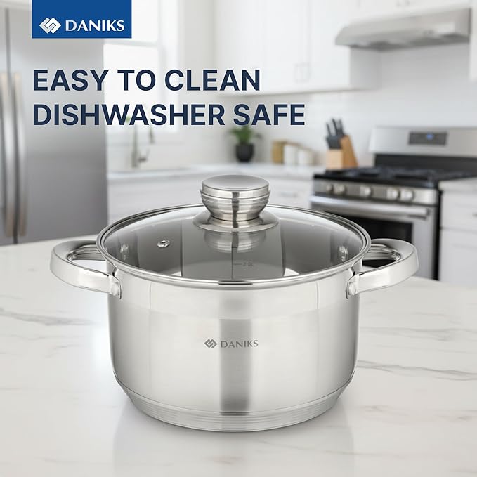 Daniks Standard 4 Quart Stainless Steel Stock Pot with Glass Lid, Try-Ply Bottom for Even Heating, Induction Compatible, Dishwasher Safe, Built-In Measuring Scale, Silver